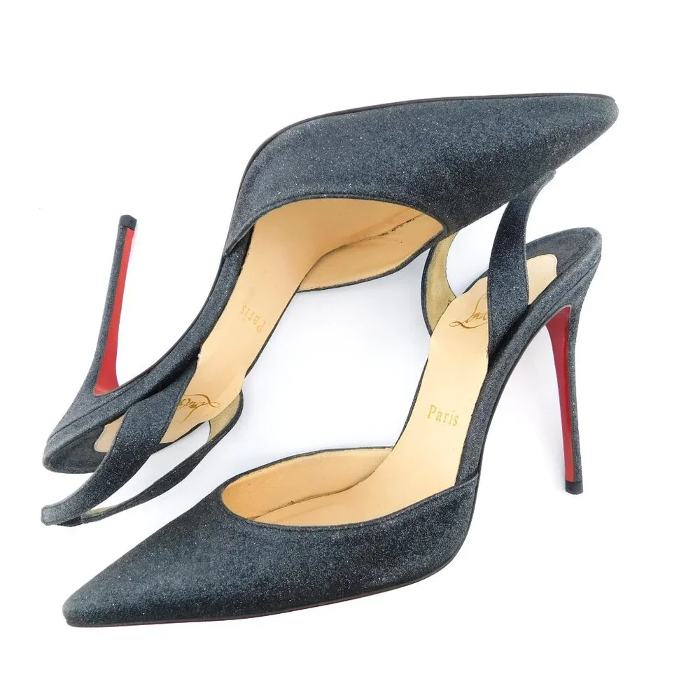 CHRISTIAN LOUBOUTIN Black Sparkle Shimmer Glitter Sling Heel Pumps 38